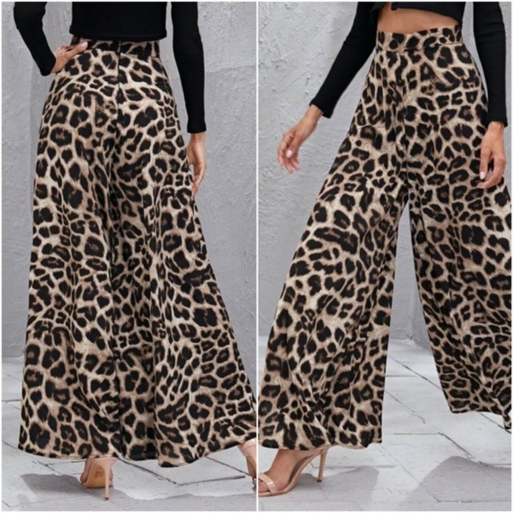 High waist leopard print palazzo pants tan boho - Picture 2 of 2